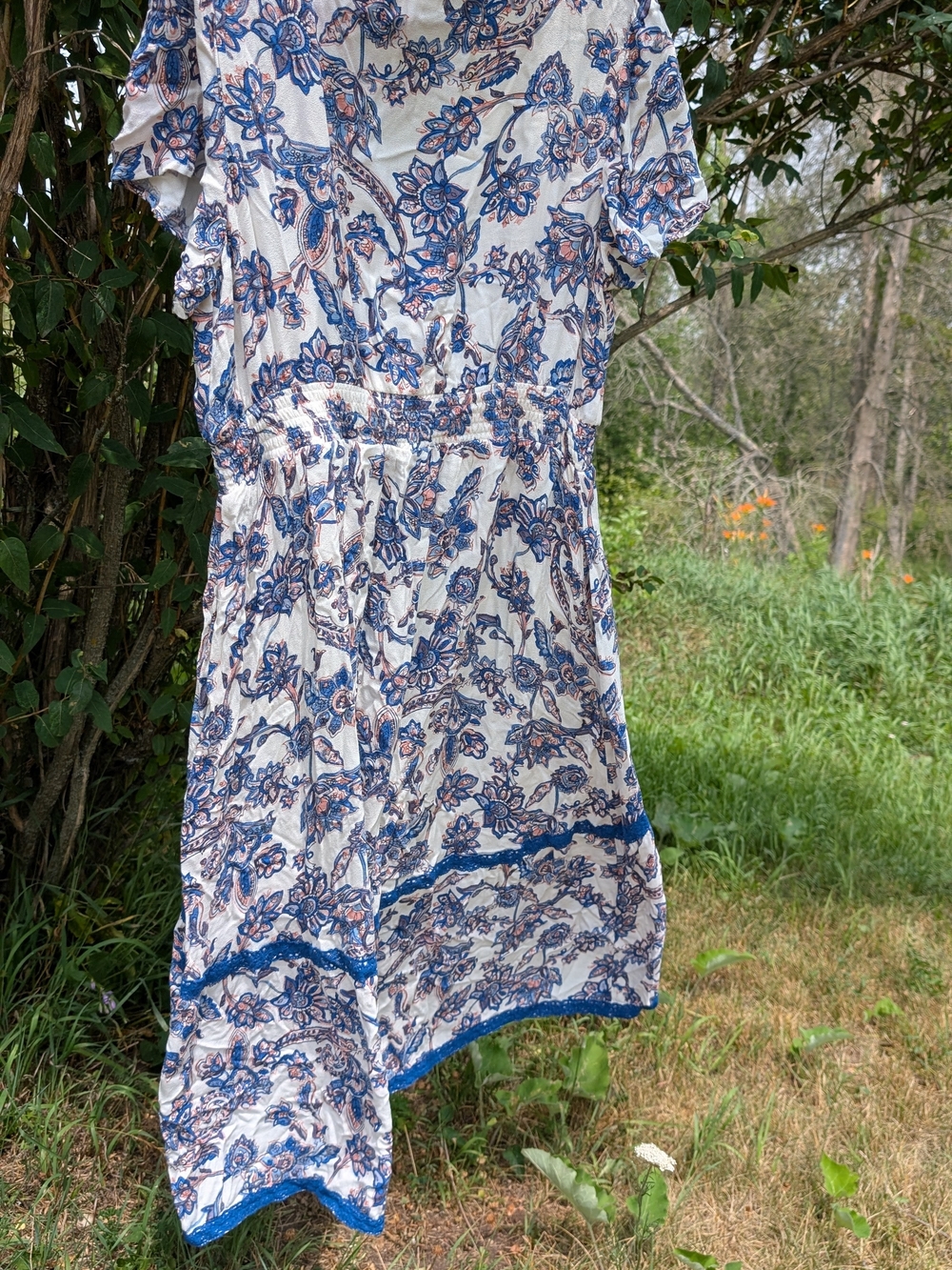 Maurices White Floral High-Low Dress with Blue and Tan Accents - Picture 2 of 4